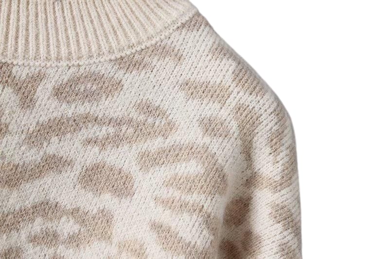 Women Leopard Print Lantern Sleeve Knitted Sweater