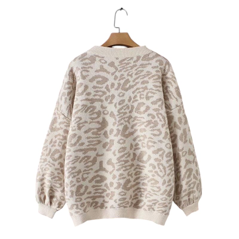 Women Leopard Print Lantern Sleeve Knitted Sweater