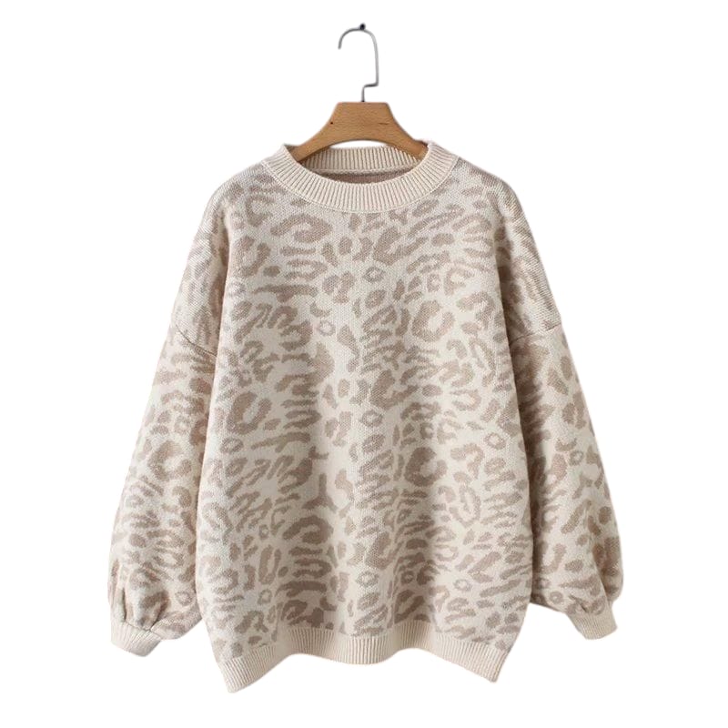 Women Leopard Print Lantern Sleeve Knitted Sweater